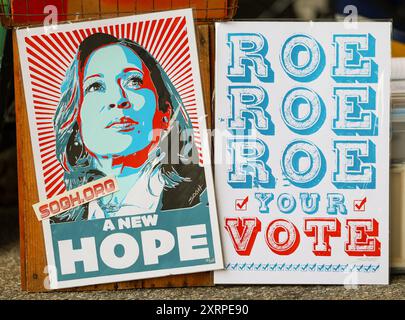 Baltimore City, USA. 11th Aug, 2024. August 11, 2024 - Farmers' Market, Baltimore, MD, USA. Baltimore artist Shawn Theron created “A New Hope” silkscreen image of Vice President Kamala Harris for her 2024 Presidential Campaign. Harris political art and merchandise is being created as President Joe Biden will not seek reelection against Donald Trump. The companion piece Roe Roe Roe Your Vote is in response to Roe being overturned and a major issue in the 2024 Presidential Election. Photo by Robyn Stevens Brody/Sipa USA Credit: Sipa USA/Alamy Live News Stock Photo