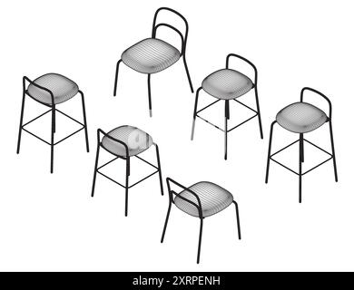 Vector illustration Bar stool icons set of wireframe. Chair bench. Club furniture. Isometric view. 3D. Stock Vector