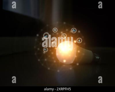 Lamp lightbulb bright orange yellow color icon communication technology innovation business intelligence futurist datum connection ai artificial intel Stock Photo