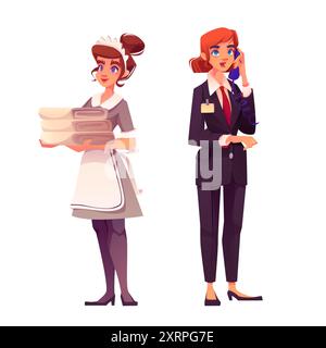 Hotel staff set isolated on white background. Vector cartoon illustration of female maid and receptionist at work, housekeeper in uniform dress with clean bedsheets, manager in suit calling phone Stock Vector