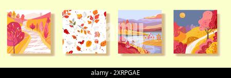 Set poster with Autumn nature. River in the evening. Hand drawn. Hilly terrain with paths. Seamless pattern for textiles or wrapping paper. Print on a notebook, dishes or wallpaper. Vector Stock Vector
