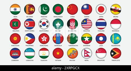 Round Icons of All Asian Country Flags Stock Vector