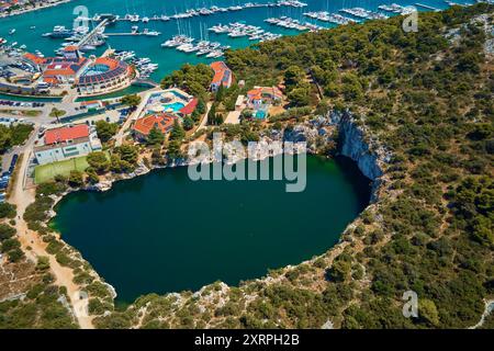 Aerial view of Dragon Eye lake near Marina Frapa in Rogoznica, Croatia. Sea landscape with coastal town and yachts. Touristic city for summer vacation Stock Photo