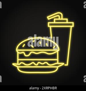 Fast food neon line icon. Burger and drink, junk food. Vector illustration. Stock Vector
