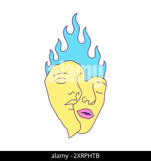 Y2k psychedelic heart couple face vibrant flame contemporary pop art icon vector flat illustration. Surreal abstract Valentine love symbol man and wom Stock Vector