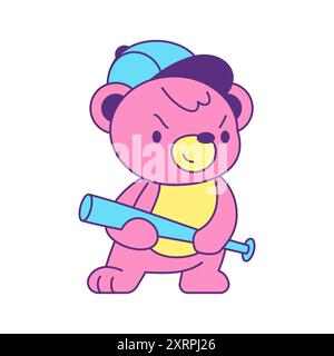 Y2k psychedelic criminal bear toy with baseball bat contemporary pop art icon vector flat illustration. Aggressive pink teddy boy cartoon character va Stock Vector