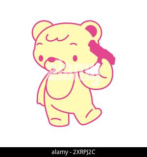 Y2k Kawaii bear toy suicide shooting gun to head groovy icon vector flat illustration. Psychedelic teddy killing yourself cartoon character with handg Stock Vector