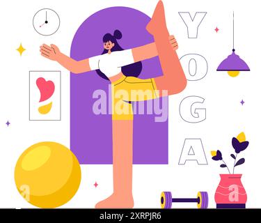 Vector illustration of Yoga and Meditation Practices featuring a Girl Exercising for Health Benefits in a Flat Style Cartoon Background Stock Vector