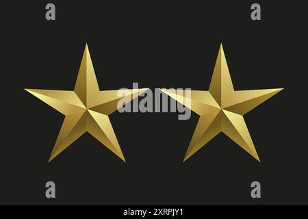 Two Realistic golden star in 3D metal luxury awards. Shiny gold marks and review symbols. Metallic badges set of best quality vector, illustration Stock Vector
