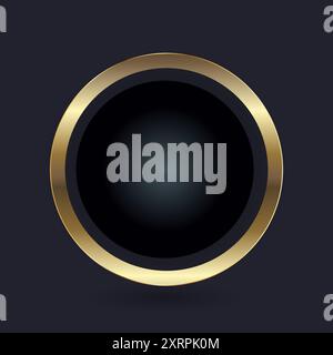 A Gold sparkling circle on black background. Vector luxury and shiny golden button Stock Vector