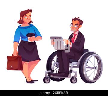 Diverse business people set isolated on white background. Vector cartoon illustration of woman with Down syndrome holding coffee cup, man in wheelchair using tablet, inclusion characters, equality culture Stock Vector