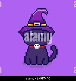 Vector Illustration of cute cat with witch hat with Pixel Art Design, perfect for game assets themed designs Stock Vector