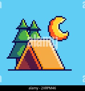 Vector Illustration of landscape for camping with a tent with Pixel Art Design, perfect for game assets themed designs Stock Vector