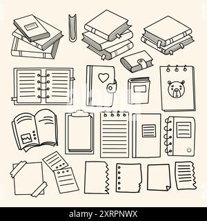 Books, notebooks, notepads and sheets, notes, album. Collection of outline doodles. Stationery, education. Vector illustration. Isolated hand drawing Stock Vector