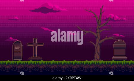 Pixel art cemetery landscape with Game Over text. Graveyard seamless ...