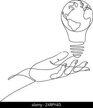 Continuous line drawing of human hand holding light bulb with Earth globe inside. One line World map in lamp vector illustration with editable stroke Stock Vector