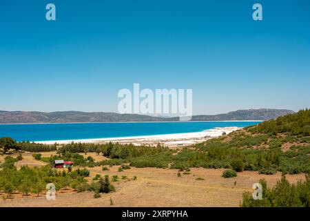 Turquoise colored Salda Lake located in Burdur Turkey. Turkish name Salda Golu Stock Photo