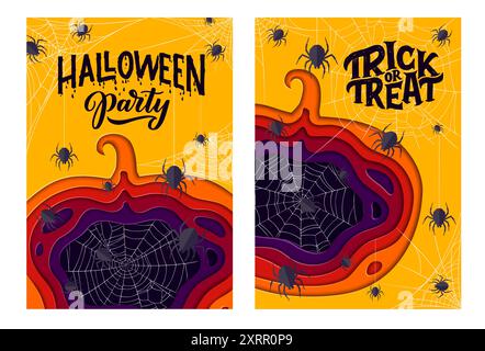 Halloween paper cut banner with pumpkin, cobweb and spiders. Vector holiday background with eerie insects around of jack lantern layered shape. 3d pap Stock Vector