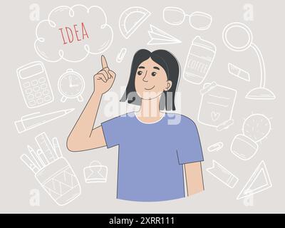 Young woman having great idea surrounded by office supplies Stock Vector