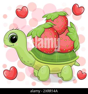 Cute cartoon tortoise holds three strawberry. Vector illustration of an animal on a pink background with hearts. Stock Vector