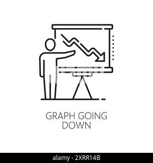 Economic crisis line icon of graph going down, economy downturn and bankruptcy vector symbol. Stock exchange or economical index decrease linear icon Stock Vector