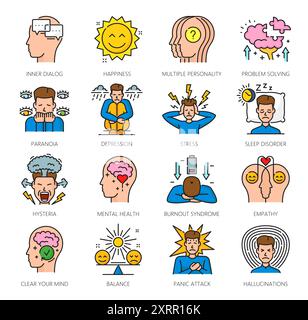 Mental health color icons, psychological disorder problems. Cognitive disorder or mental health, human psychology hysteria, stress and empathy, halluc Stock Vector