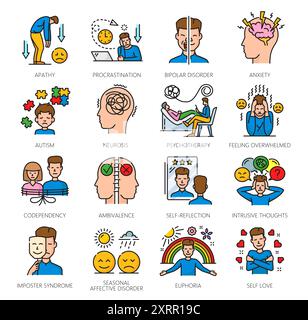 Mental health color icons, psychological disorder problems. Human psychology, cognitive disorders or mental health apathy, anxiety, autism and codepen Stock Vector