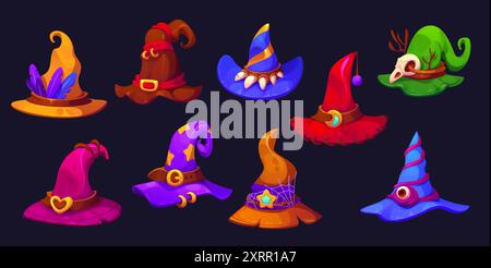 Halloween holiday witch hats, wizard or magician magic caps, vector Halloween trick or treat party witchcraft costume. Cartoon witch hats with scary s Stock Vector