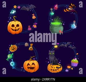 Halloween holiday frames with fairytale characters and candies. Autumn horror holiday round frames, Halloween cartoon vector borders with pumpkin lantern, black cat and witch magic cauldron, candies Stock Vector