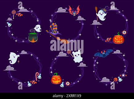 Halloween frames with kawaii ghosts. Empty vector holiday round borders set for capturing spooky memories, adorned with adorable cartoon spooks saying boo, cauldron, witch hats, sweets and pumpkins Stock Vector