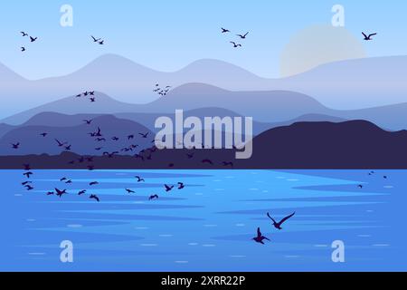 Landscape with sunset, hills and birds. Flock of birds are flying across the sky. Nature background with sundown. Scenery, mountain, birds and sunrise Stock Vector