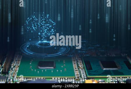 Artificial intelligence concept with microchip and digital brain overlay. Represents AI, technology, innovation, and machine learning. Stock Photo