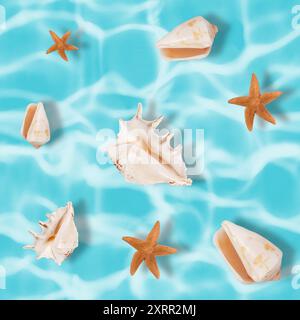 Seamless pattern of various seashells and starfish on a calming blue water background, perfect for summer themes. Stock Photo