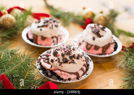 3 Mini Peppermint Cream Pies topped with candy cane pieces and c Stock Photo