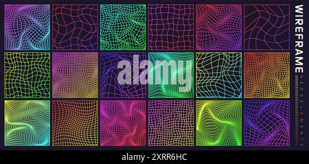 Colorful wireframe shapes, lined perspective mesh, 3d grid. Low poly geometric elements. Retro futuristic design elements, y2k, vaporwave and Stock Vector