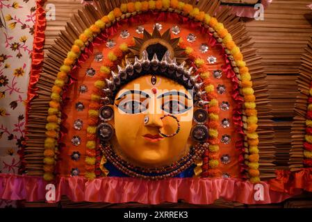 View of decorated Durga Puja pandal in Kolkata, West Bengal, India. Durga Puja is a popular and major religious festival of Hinduism that is celebrate Stock Photo