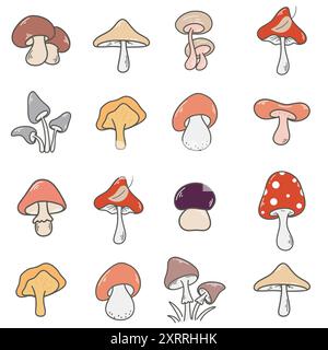 Different forest mushrooms in row seamless pattern. Background with chanterelles, boletuses, honey mushrooms, fly agarics, toadstools, butter mushroom Stock Vector