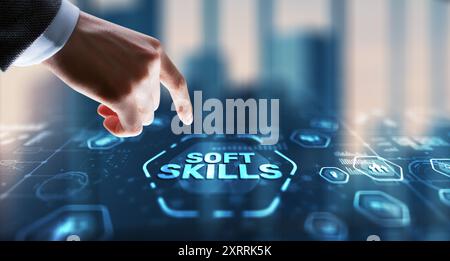 Businessman presses a button Soft Skill Business Development concept Stock Photo