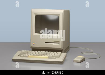 Buenos Aires, Argentina - August 11th, 2024: Apple Macintosh 128K Computer on a desk. 3d illustration. Stock Photo