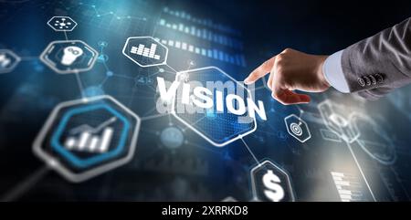 Vision. Business people and modern city on background. Virtual screen Stock Photo