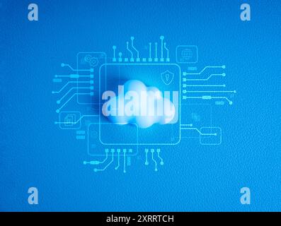 Cloud computing infrastructure technology, data system storage service concept. Modern white small cloud with digital tools management icons and circu Stock Photo