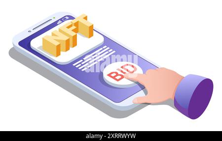 Human hand pushing bid button on mobile phone to buy nft at auction Stock Vector