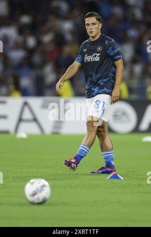 SSC Napoli's Italian forward Giacomo Raspadori looks during the the Coppa Italia football match between SSC Napoli vs Modena at the Diego Armando Maradona Stadium in Naples, southern Italy, on August 10, 2024 Stock Photo