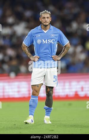 Napoli's Italian defender Pasquale Mazzocchi looks during the the Coppa Italia football match between SSC Napoli vs Modena at the Diego Armando Maradona Stadium in Naples, southern Italy, on August 10, 2024 Stock Photo