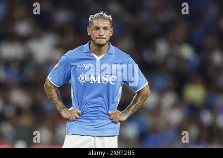 Napoli's Italian defender Pasquale Mazzocchi looks during the the Coppa Italia football match between SSC Napoli vs Modena at the Diego Armando Maradona Stadium in Naples, southern Italy, on August 10, 2024 Stock Photo