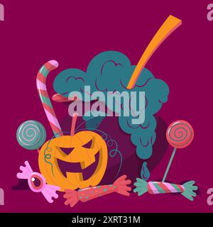 A Halloween celebration illustration featuring a magic potion, pumpkin, and candy Stock Vector