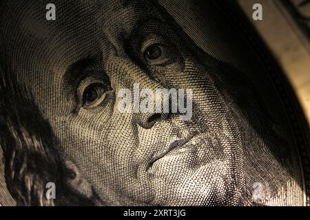 Benjamin Franklin face from Hundred dollar bill, macro, close Up Stock Photo