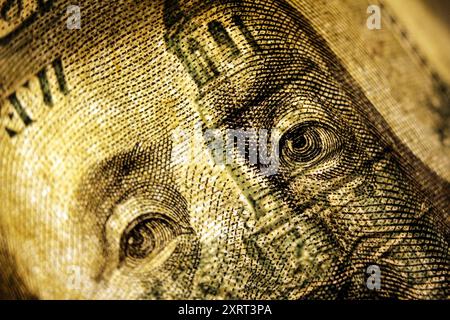 Benjamin Franklin face from US 100 dollar bill, macro, close Up Stock Photo