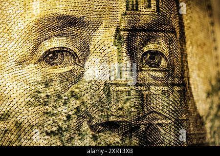 Benjamin Franklin face from one hundred dollar banknote bill, macro, close up Stock Photo