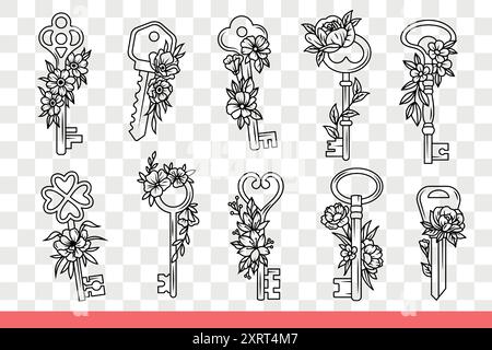 Modern and retro style door padlock keys are decorated with flowers. Keys for opening and closing gates, as metaphor for gaining access and unlocking web password. Hand drawn doodle Stock Vector